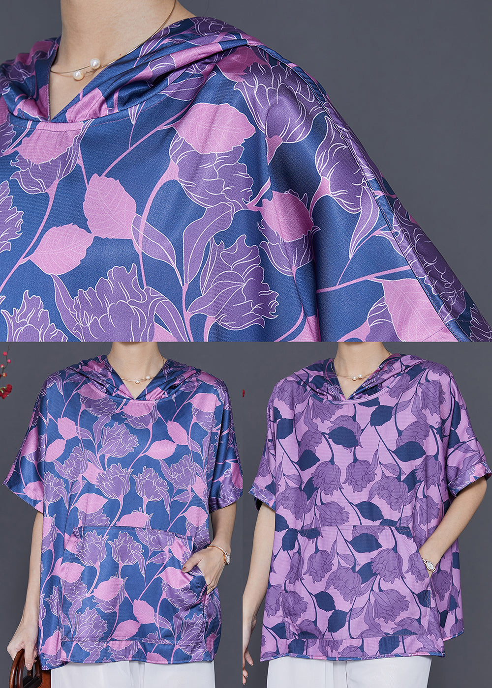 Blue Oversized Print Silk Shirt Blouse Summer