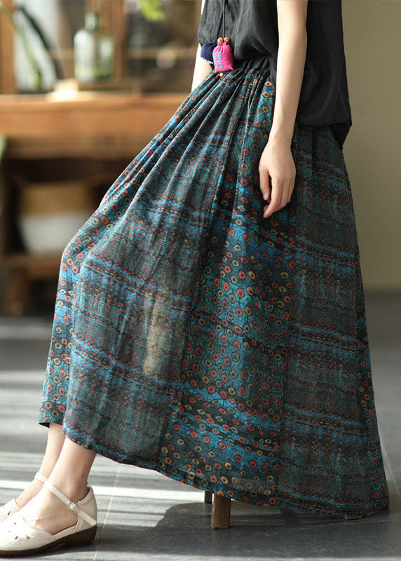 Blue Patchwork Print a Line Fall Ramie Skirts