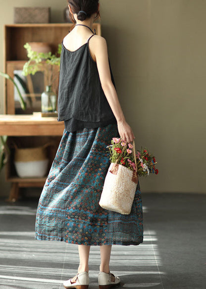 Blue Patchwork Print a Line Fall Ramie Skirts