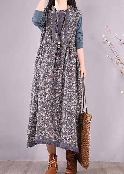 Blue Patchwork Print Dresses O Neck Lace Robe Spring Dresses