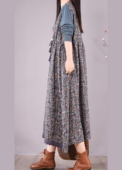 Blue Patchwork Print Dresses O Neck Lace Robe Spring Dresses