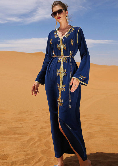 Blue Patchwork Sashes Zircon Long Dress Long Sleeve
