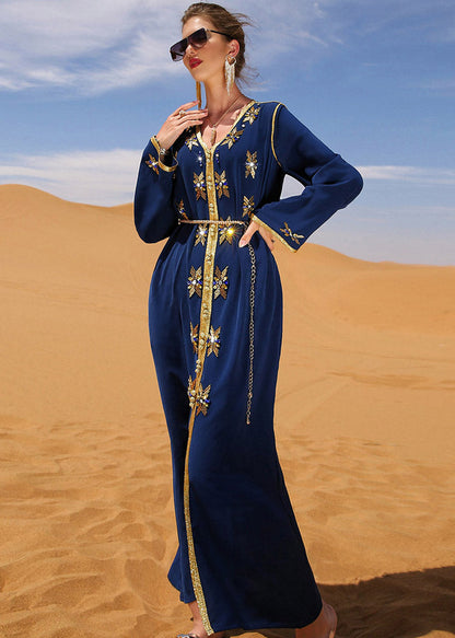 Blue Patchwork Sashes Zircon Long Dress Long Sleeve