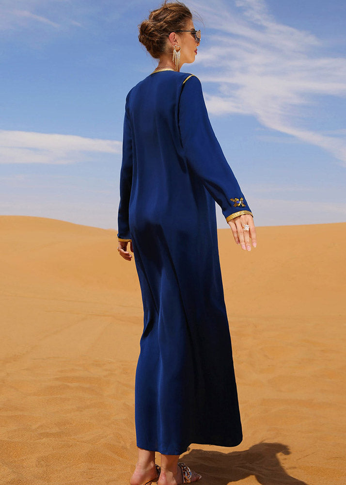 Blue Patchwork Sashes Zircon Long Dress Long Sleeve