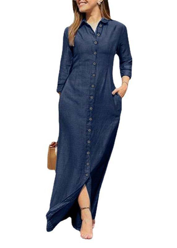 Blue Peter Pan Collar Oversized Denim Maxi Dresses Spring