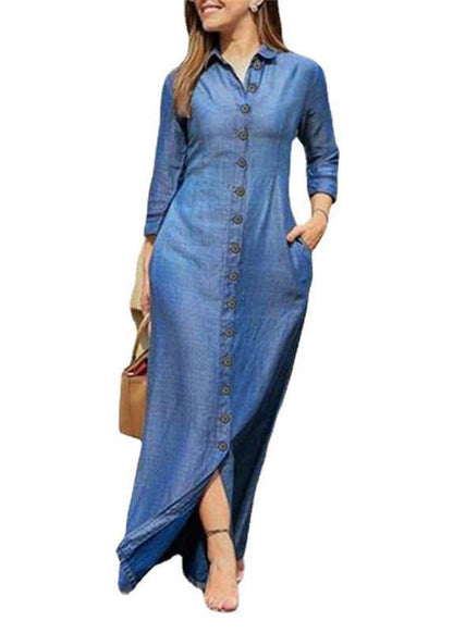 Blue Peter Pan Collar Oversized Denim Maxi Dresses Spring