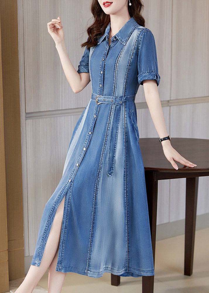 Blue Peter Pan Collar Patchwork Sashes Silk Denim Long Dress Short Sleeve