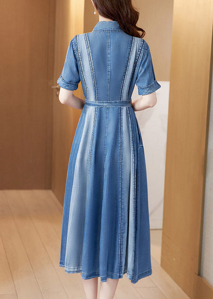 Blue Peter Pan Collar Patchwork Sashes Silk Denim Long Dress Short Sleeve