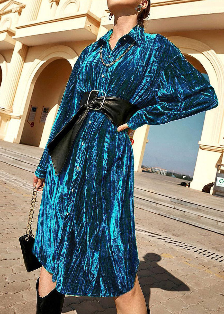 Blue Peter Pan Collar Print Button Velour Long Shirts Dresses Spring