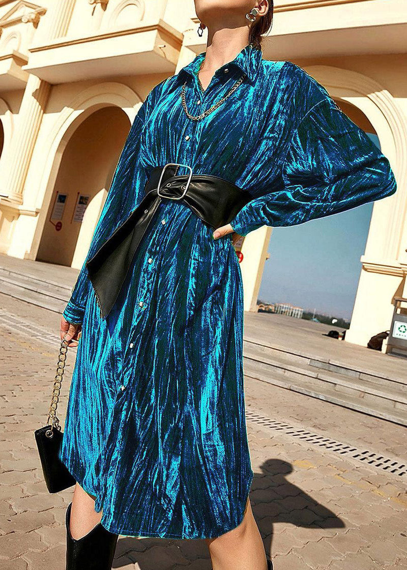 Blue Peter Pan Collar Print Button Velour Long Shirts Dresses Spring