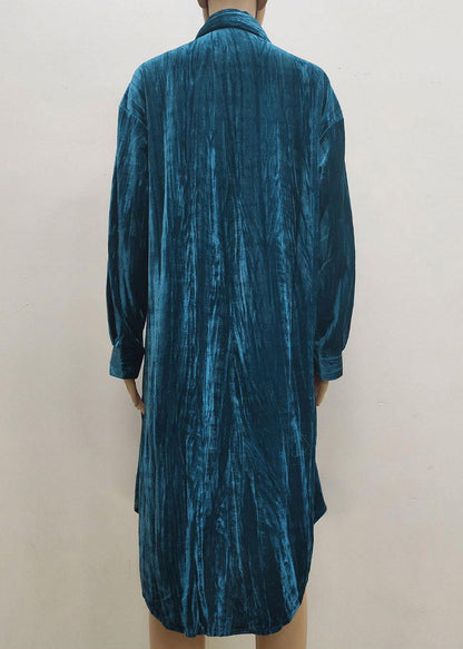 Blue Peter Pan Collar Print Button Velour Long Shirts Dresses Spring