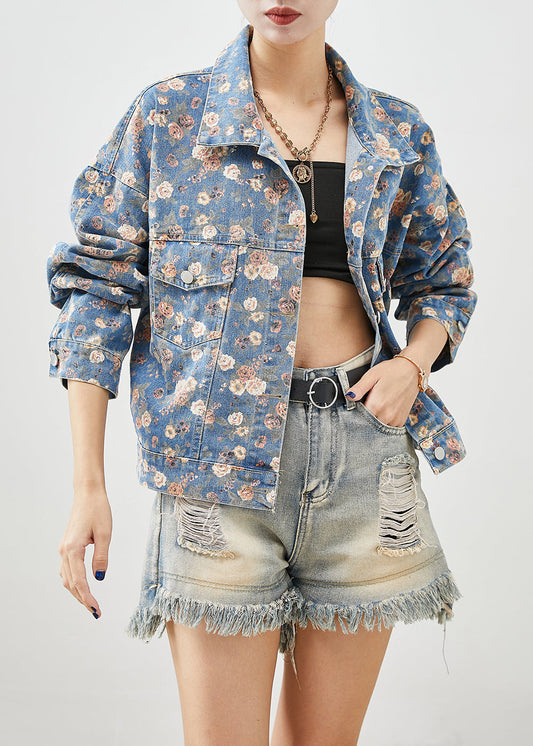 Blue Peter Pan Collar Print Denim Coats Fall