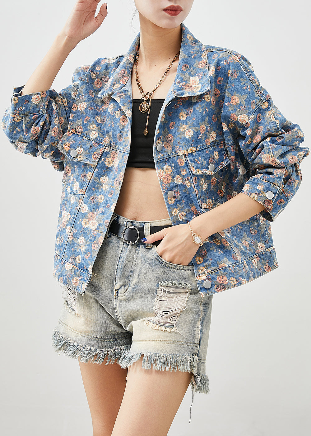 Blue Peter Pan Collar Print Denim Coats Fall