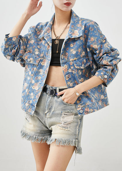 Blue Peter Pan Collar Print Denim Coats Fall