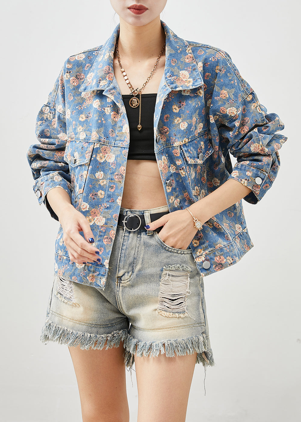 Blue Peter Pan Collar Print Denim Coats Fall
