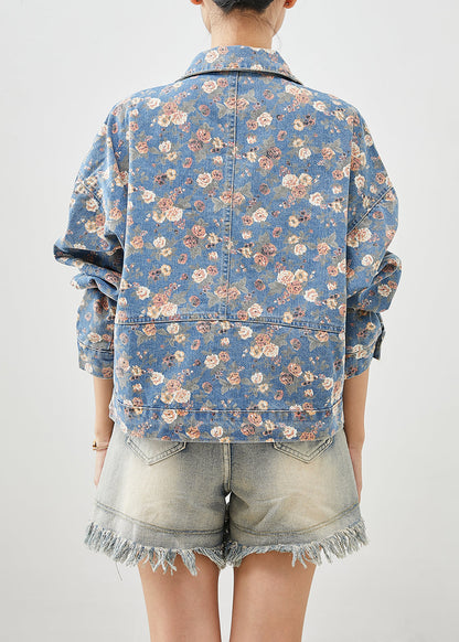 Blue Peter Pan Collar Print Denim Coats Fall