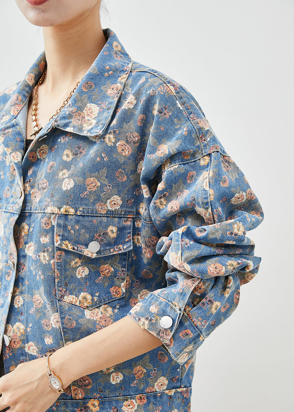 Blue Peter Pan Collar Print Denim Coats Fall