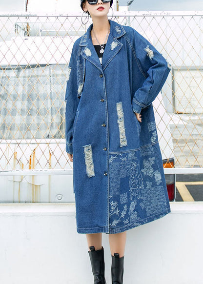 Blue Peterpan Collar Button Pockets Print Hole Fall Long Sleeve Trench Coat