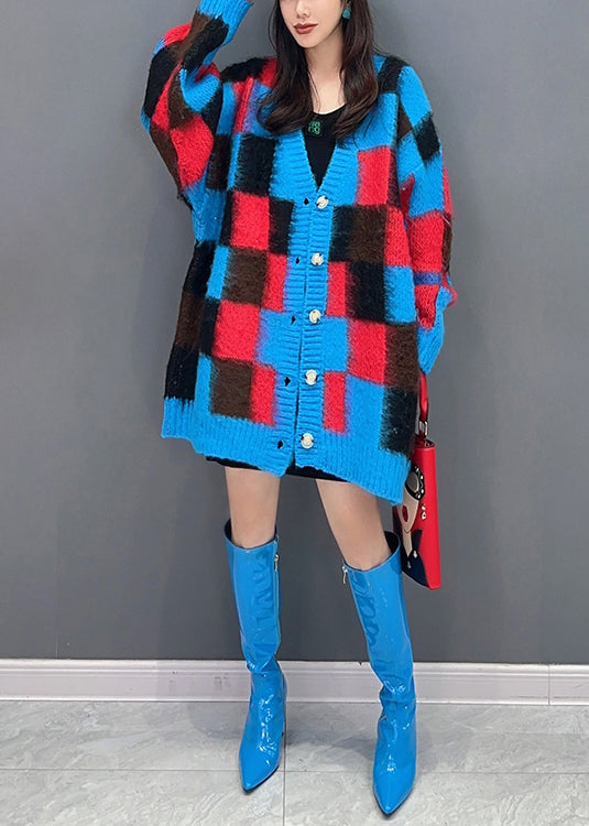 Blue Plaid V Neck Button Patchwork Knit Cardigan Fall