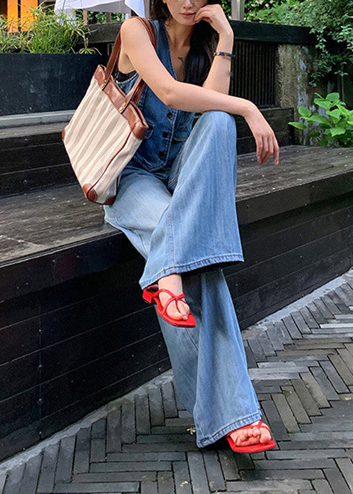 Blue Pockets High Waist Denim Pants Fall