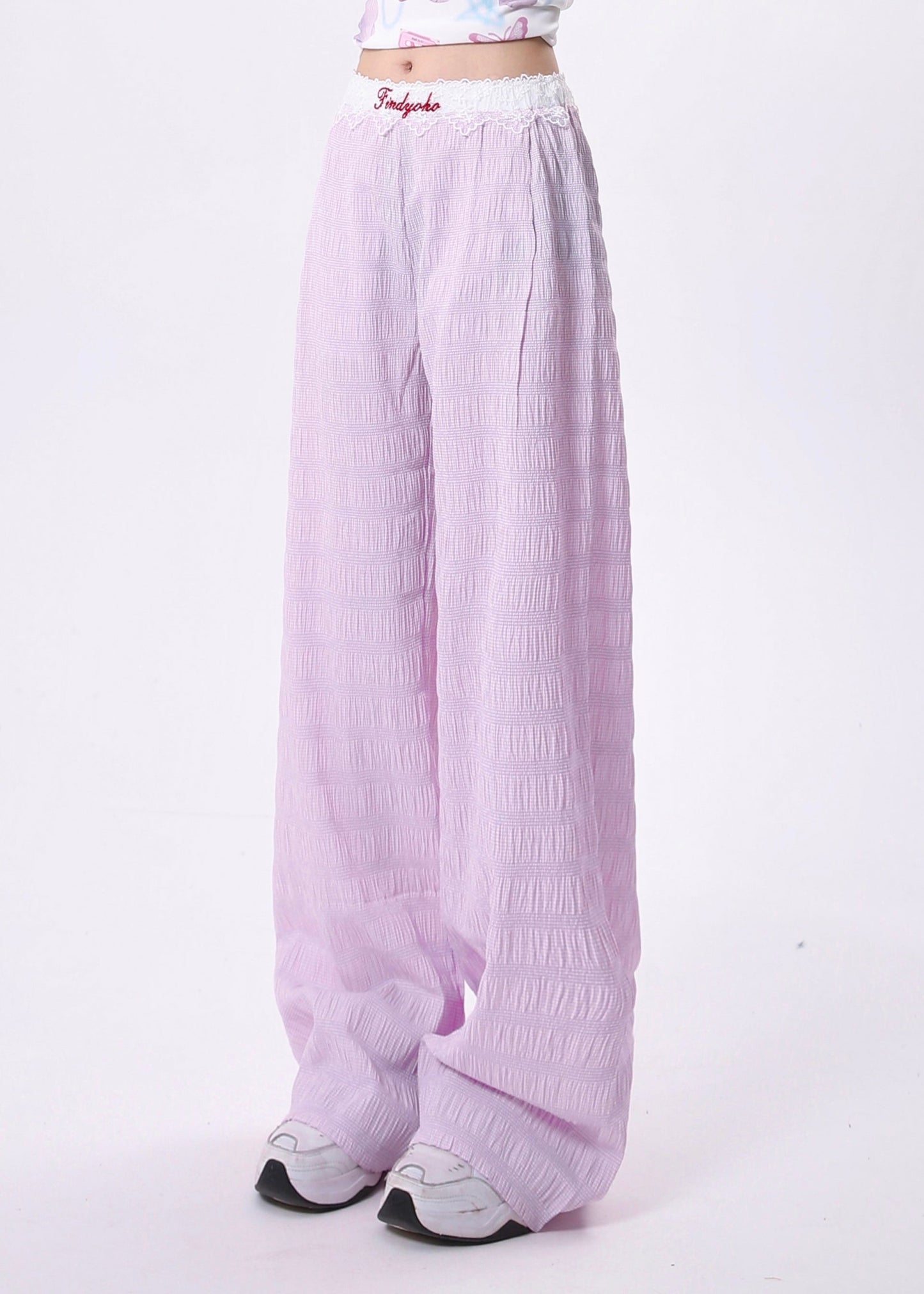 Blue Pockets Lace Patchwork Cotton Pants Spring