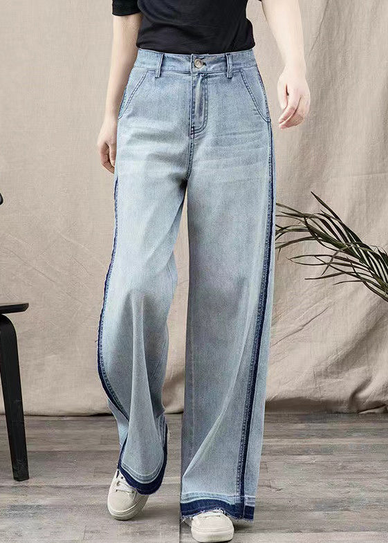Blue Pockets Patchwork Denim Wide Leg Pants Spring