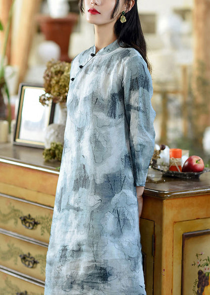 Blue Print Button Patchwork Linen Dress Bracelet Sleeve