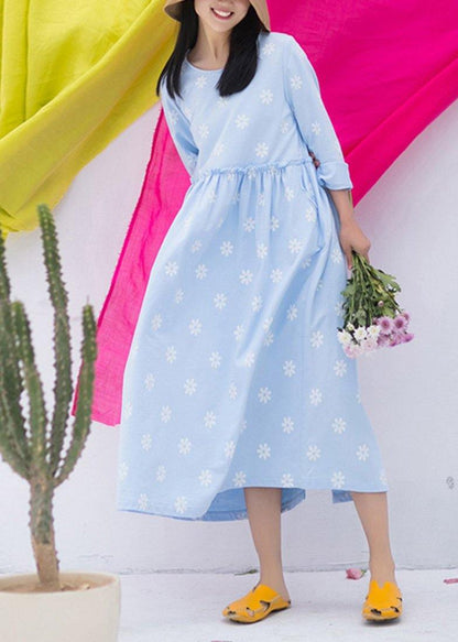 Blue Print Clothes for O Neck Cinched Vestidos De Lino Dresses
