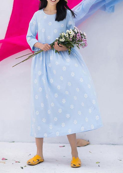 Blue Print Clothes for O Neck Cinched Vestidos De Lino Dresses
