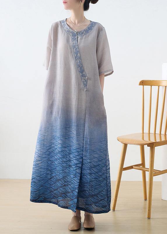 Blue Print Embroidery Oriental Mid Summer Linen Dress