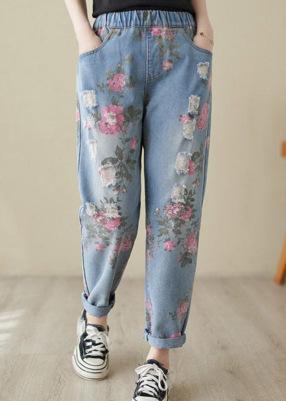 Blue Print High Waist Denim Harem Pants