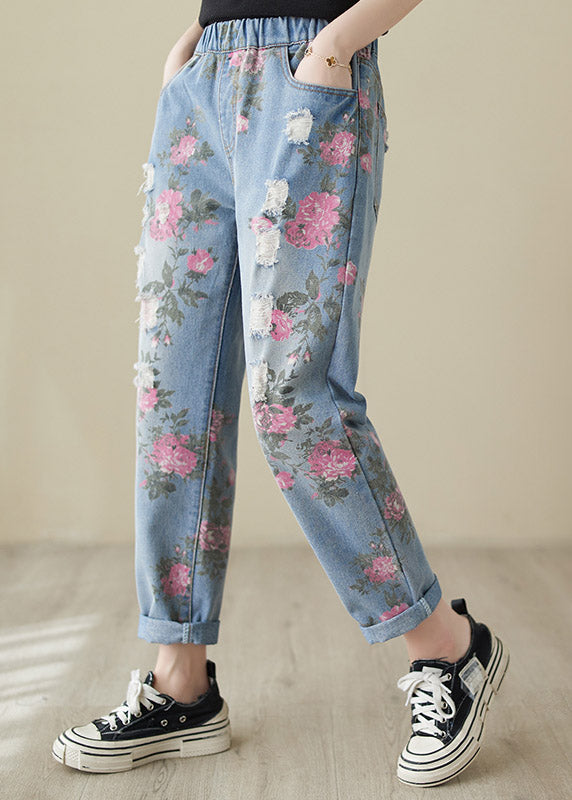 Blue Print High Waist Denim Harem Pants