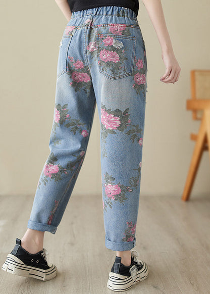Blue Print High Waist Denim Harem Pants