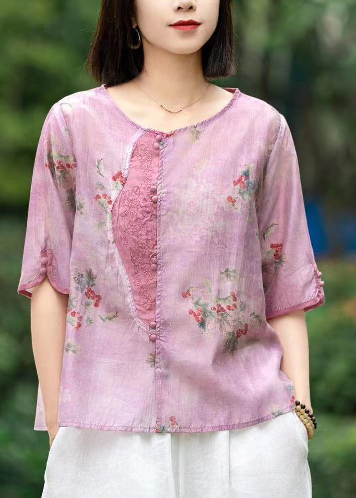 Pink Print Patchwork Linen Shirts Short Sleeve