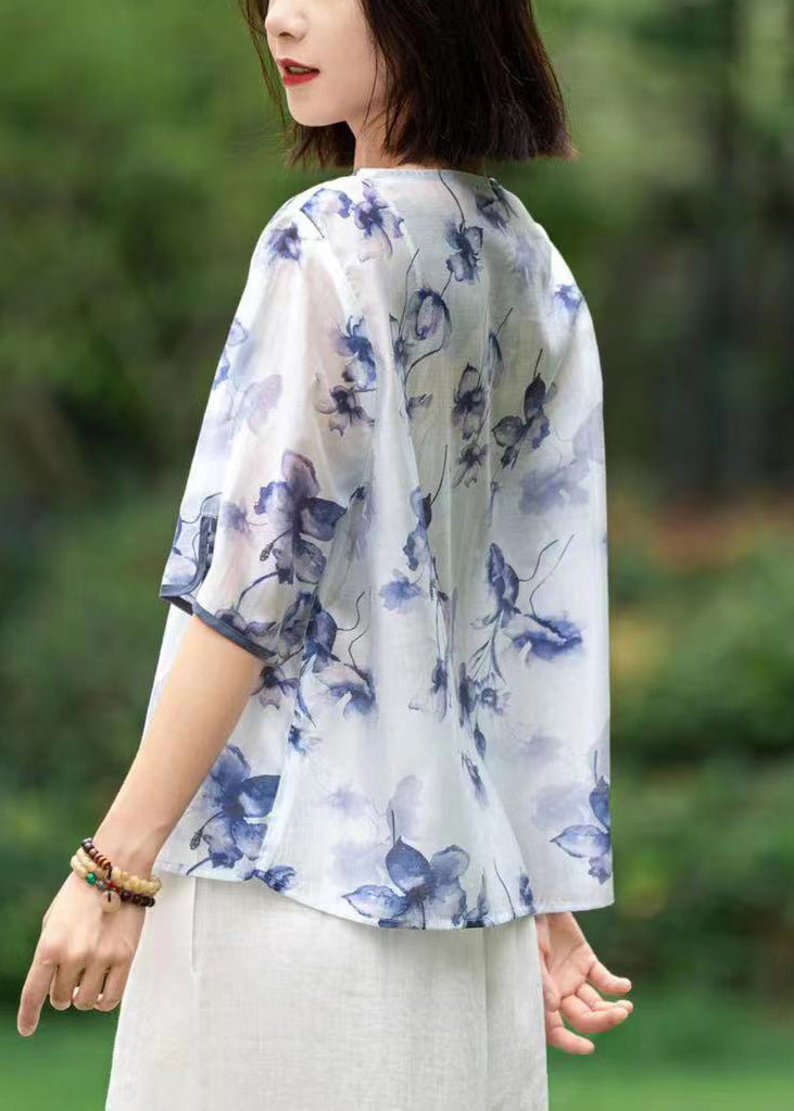 Pink Print Patchwork Linen Shirts Short Sleeve