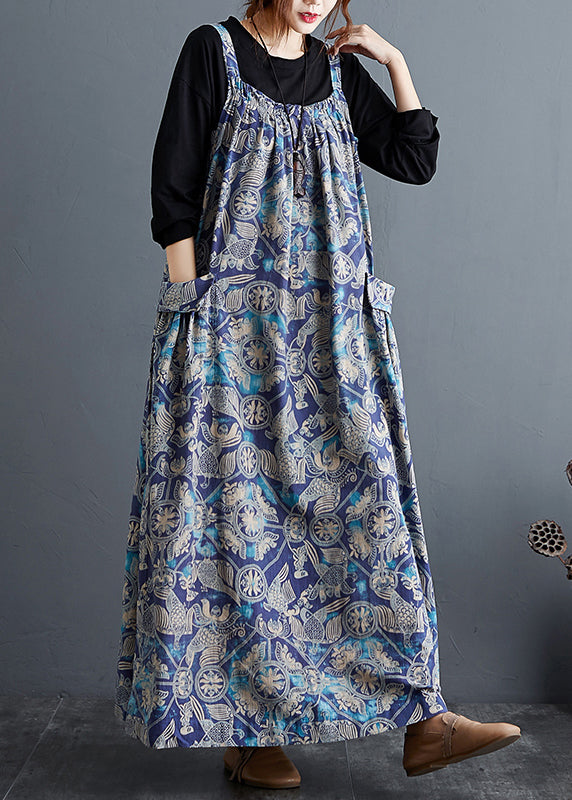 Blue Print Pockets Patchwork Cotton Long Dresses Sleeveless