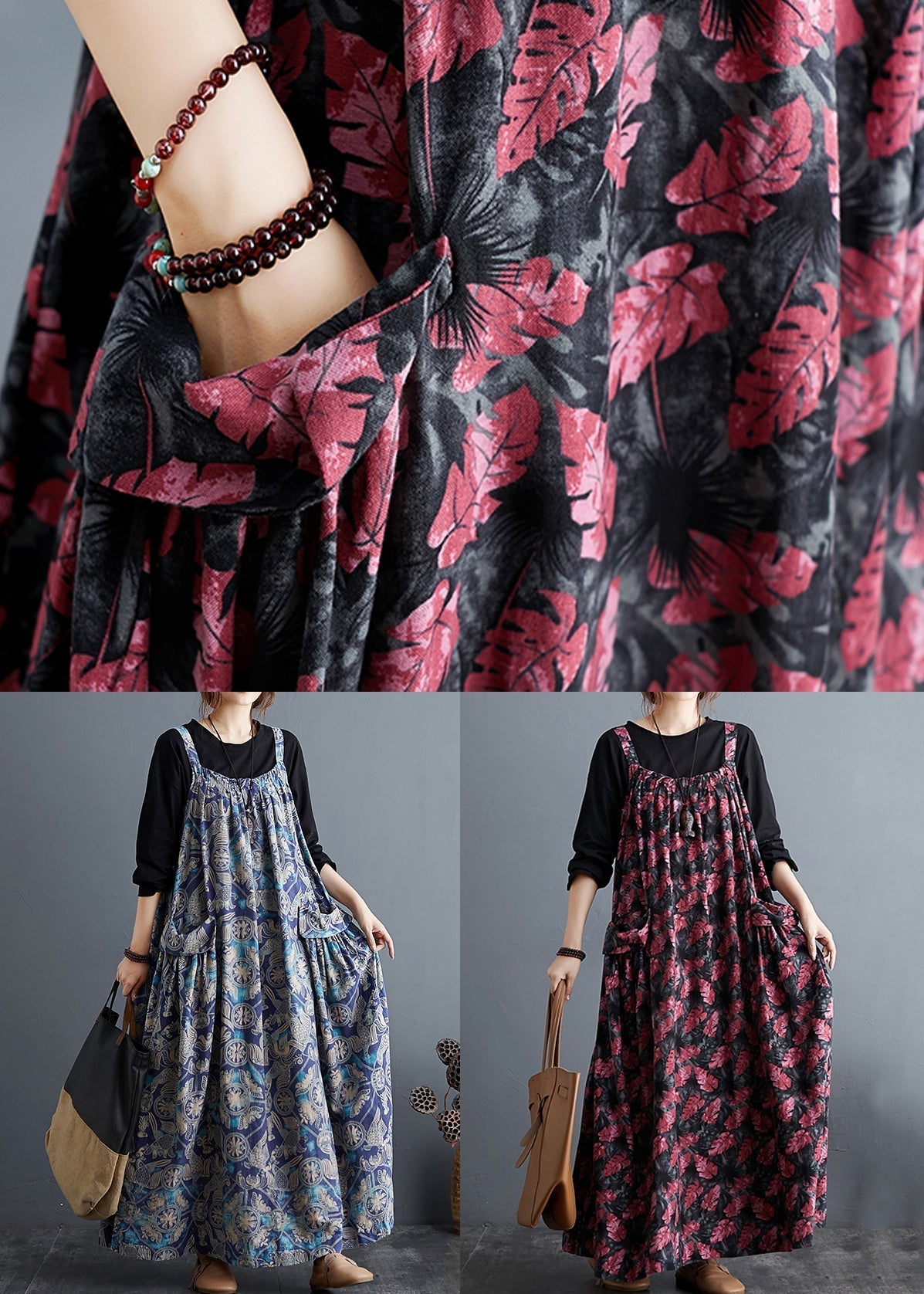 Blue Print Pockets Patchwork Cotton Long Dresses Sleeveless