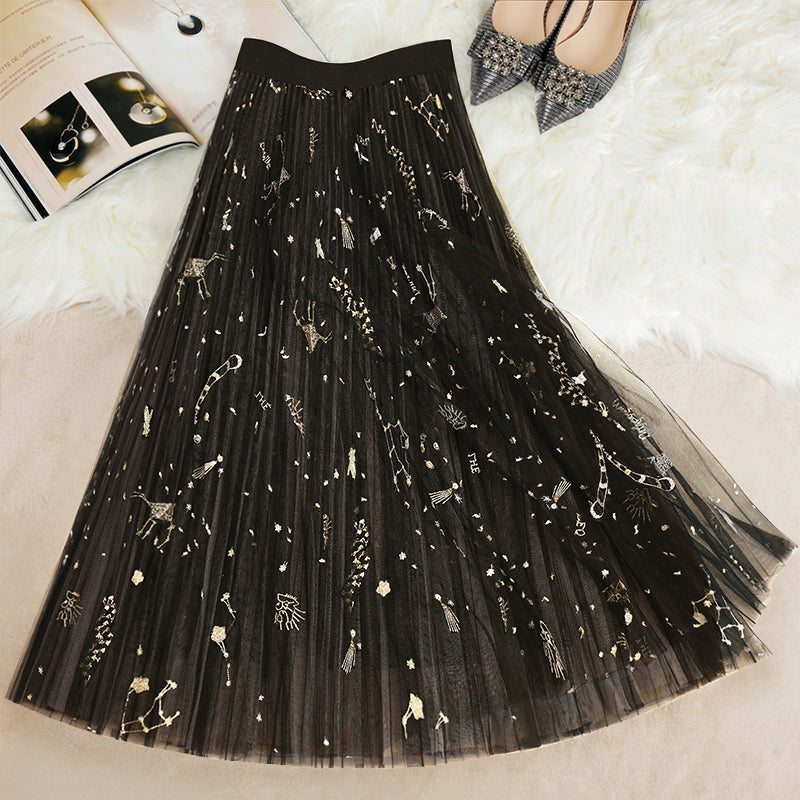 Blue Print Tulle Pleated Skirts Summer