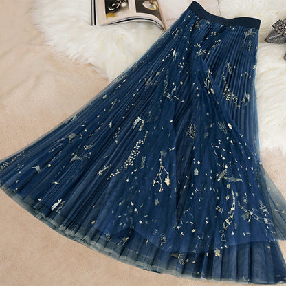 Blue Print Tulle Pleated Skirts Summer