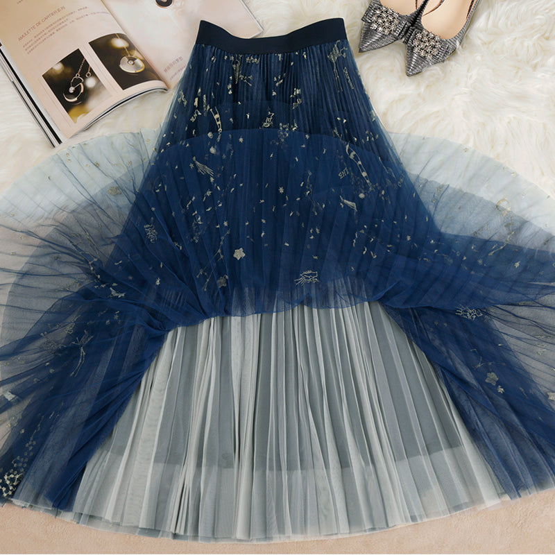 Blue Print Tulle Pleated Skirts Summer