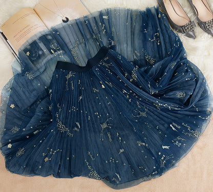 Blue Print Tulle Pleated Skirts Summer