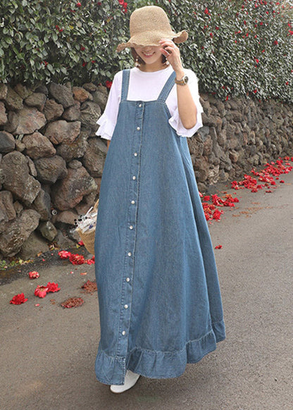 Blue Ruffled Button Spaghetti Strap Long Dress Sleeveless