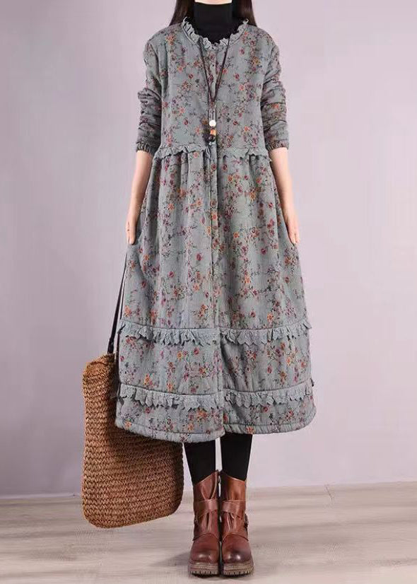Blue Ruffled Print Patchwork Cotton Dresses Fall
