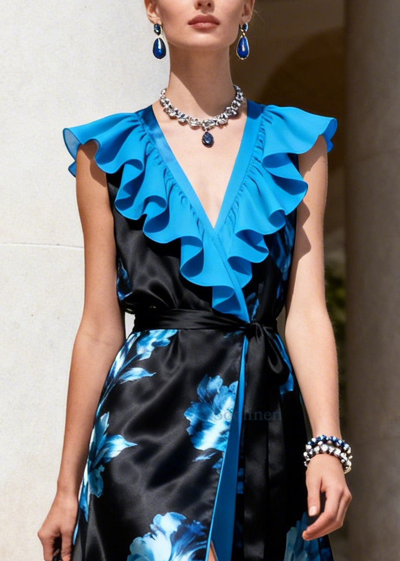Blue Ruffled Print Side Open Chiffon Maxi Dresses Sleeveless