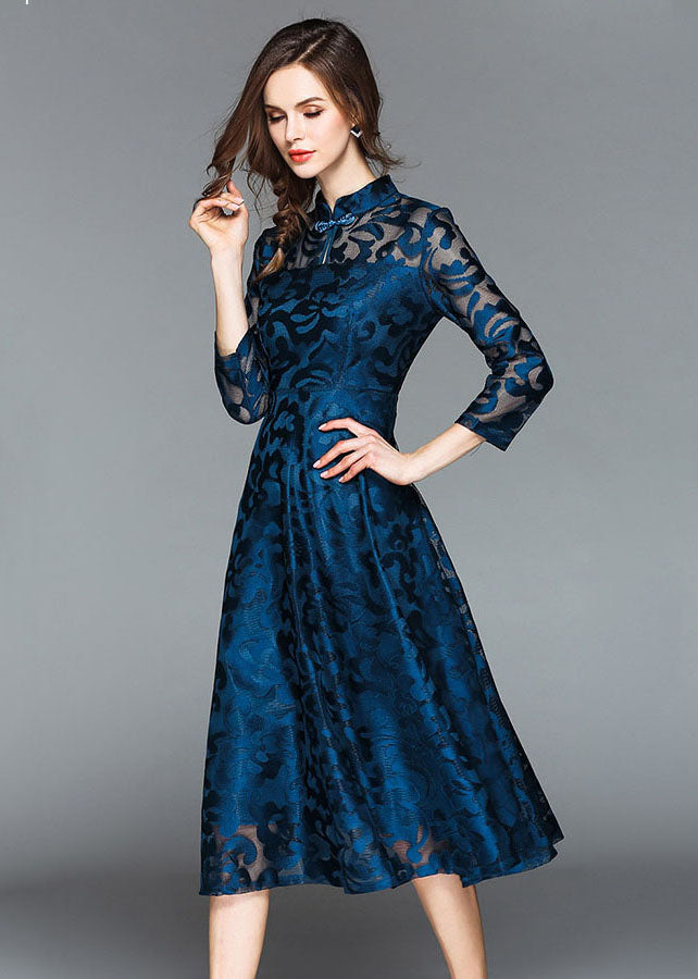 Blue Stand Collar Oriental Button Lace Long Dress Fall