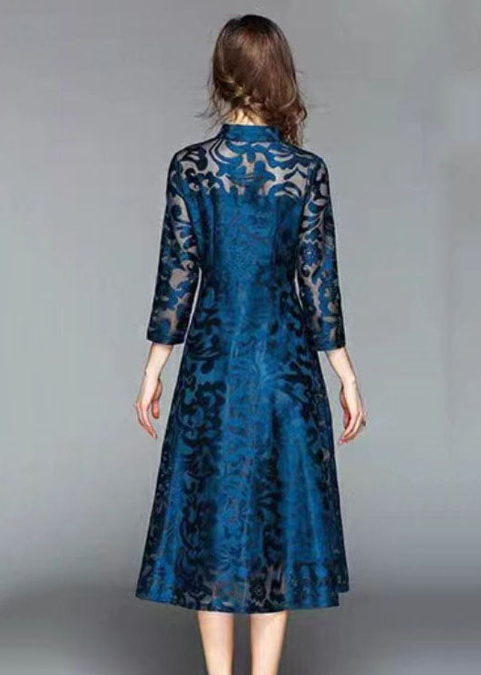 Blue Stand Collar Oriental Button Lace Long Dress Fall