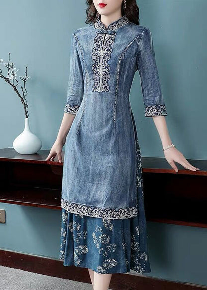 Blue Stand Collar Side Open Embroideried Patchwork Denim Dress Three Quarter Sleeve