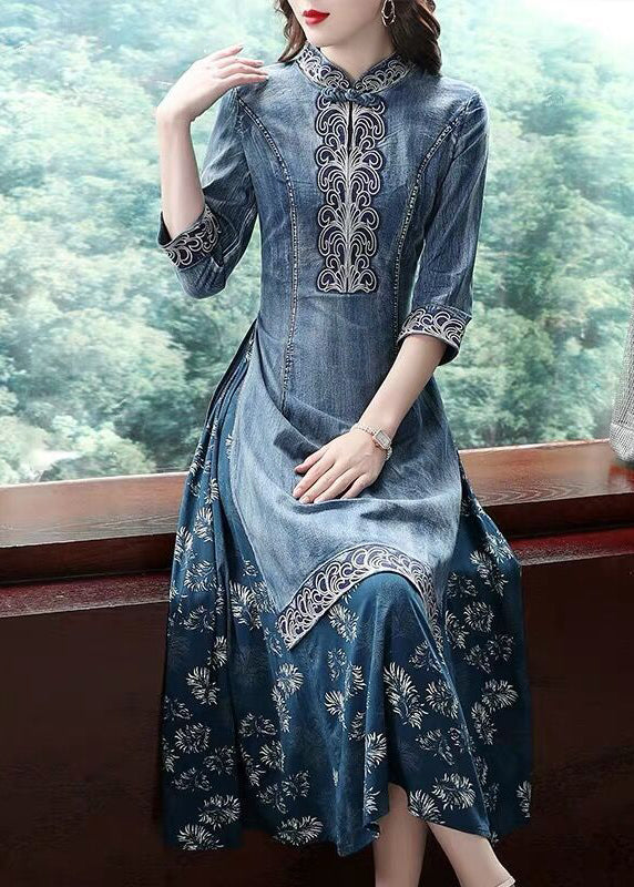 Blue Stand Collar Side Open Embroideried Patchwork Denim Dress Three Quarter Sleeve
