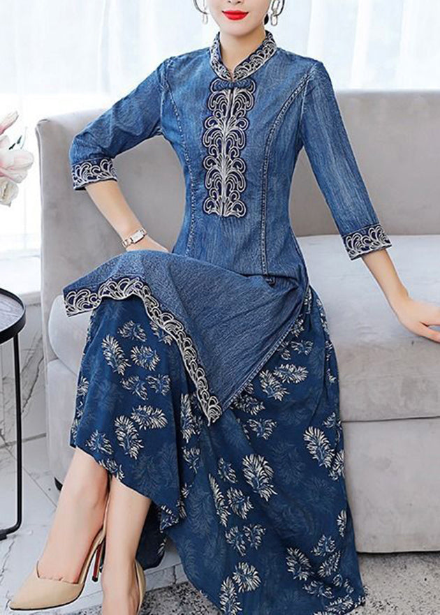 Blue Stand Collar Side Open Embroideried Patchwork Denim Dress Three Quarter Sleeve
