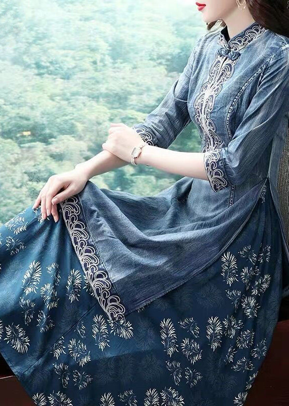 Blue Stand Collar Side Open Embroideried Patchwork Denim Dress Three Quarter Sleeve